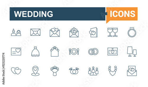 Wedding Service icons set in line style. Includes thin line event, service, ring, birthday, catering, man, team and more. Thin linear style icons. Editable vector illustration.