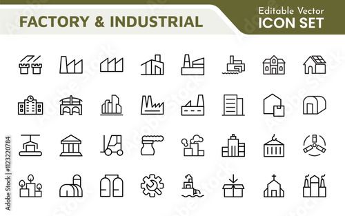 Factory Icon Set. A dynamic collection of icons representing manufacturing and industrial processes, perfect for engineering sectors to convey efficiency and innovation.