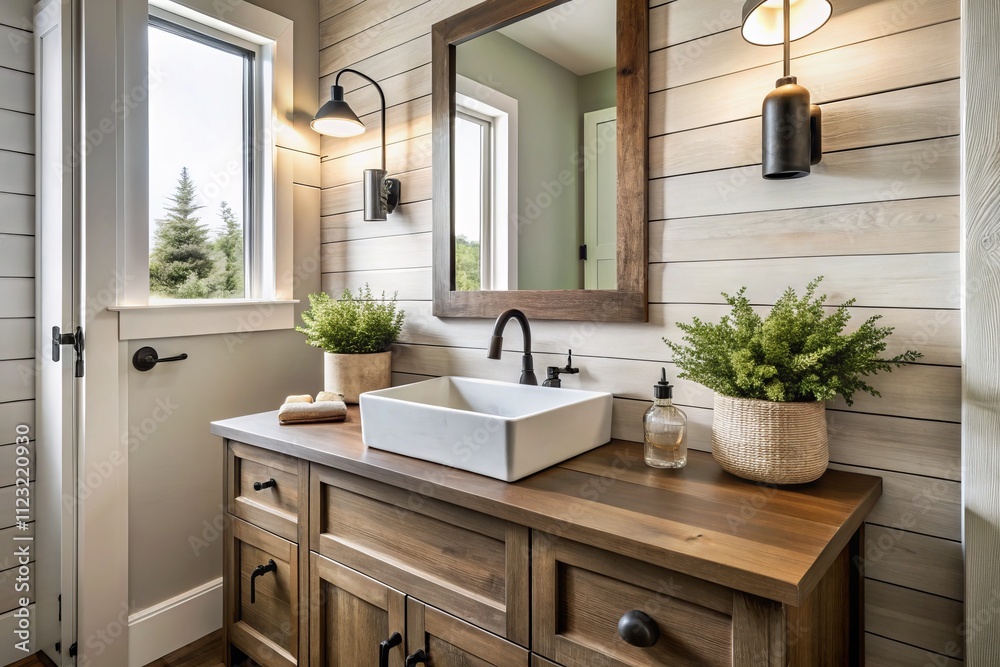 Fototapeta premium Serene Modern Farmhouse Bathroom with Touchless Faucet, Rustic Wooden Sink Vanity, Shiplap Wall, Distressed Antique Bronze Fixtures, and Soft Natural Light for a Cozy Atmosphere