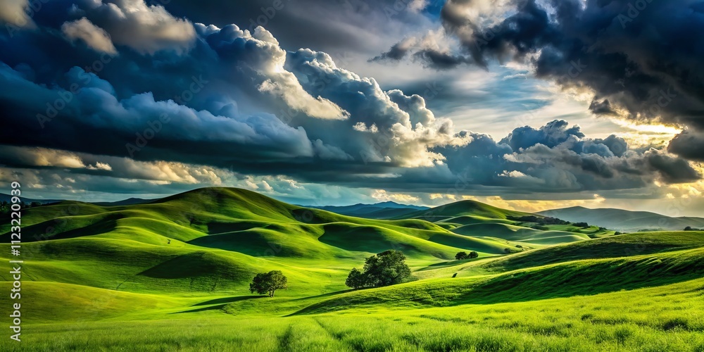 Obraz premium Serene Silhouette of Foothills Blanketed in Lush Green Grass Beneath Dramatic Cloudy Skies, Capturing Nature's Tranquility and Grandeur in a Stunning Landscape Scene