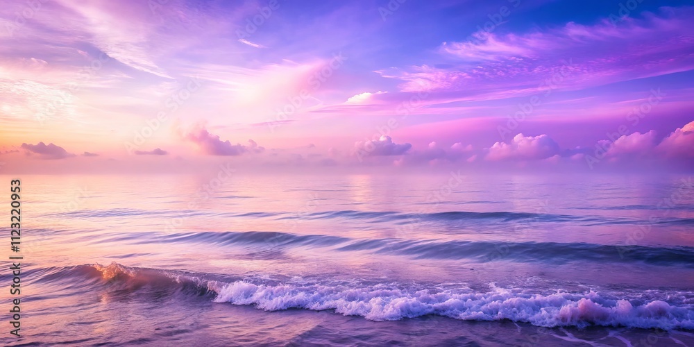 Obraz premium Serene Purple Ocean Blending with Pastel Sky in Foggy Atmosphere - A Tranquil Seascape for Relaxation and Meditation, Perfect for Nature Lovers and Scenic Decor