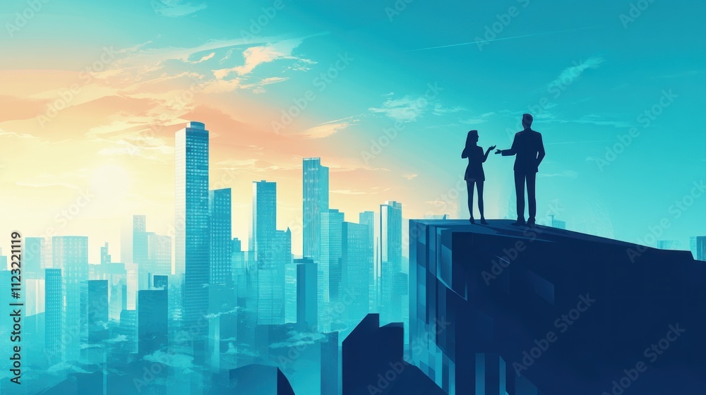 Business Partners Discussing Future over Modern City Skyline at Sunrise Business Partners Discussing Future over Modern City Skyline at Sunrise