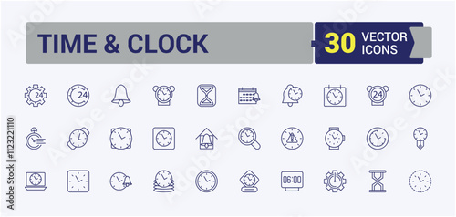 Time And Clock linear icon collection. Includes thin line hourglass, timer, speed, watch, number, management, alarm and more. Simple icon designs. Editable stroke. Vector illustration.