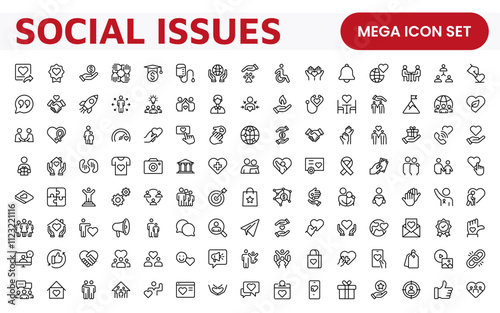 Social Issues Icon Set. Thought-provoking and impactful icons designed to raise awareness and promote engagement, perfect for enhancing campaigns, websites, and educational materials.