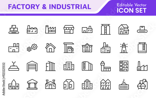 Factory Icon Set. A dynamic collection of icons representing manufacturing and industrial processes, perfect for engineering sectors to convey efficiency and innovation.