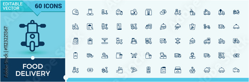 Food Delivery icon set. Contains related to cyberspace, coupon, cart, glyph, burger and more. Outline icon collections. Editable vector icon and illustration.
