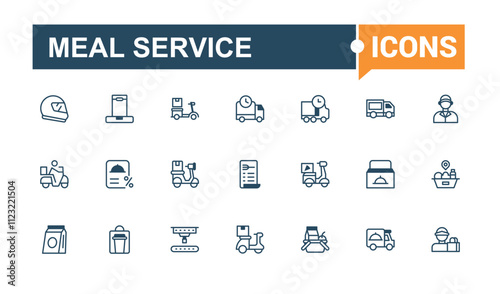 Meal Service line icon collections. Featuring truck, line, colorful, online, send, web, motorcycle, catering. Minimalist thin linear icon. Solid line editable stroke. Vector line and solid icons.