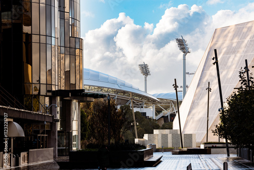 View of Adelaide Oval between buildings in the CBD photo