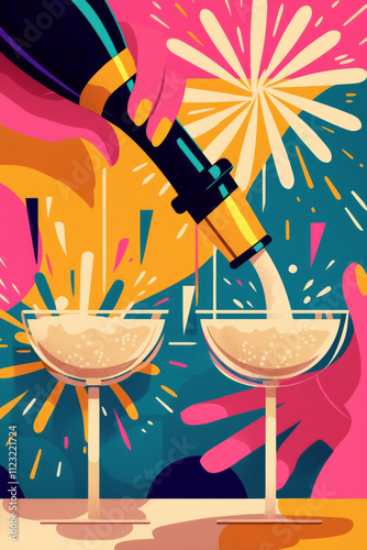 Colorful abstract party background with champagne and cocktails being poured
