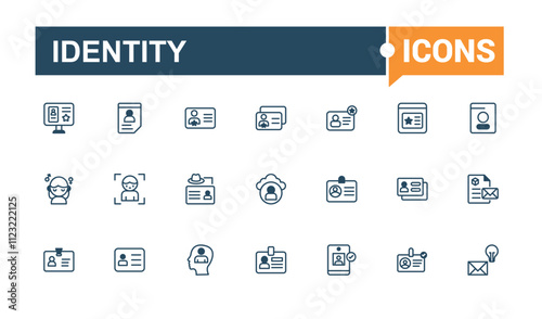 Identity line web icon set. Includes icons for pass, recognition, identity, user, license, identify and more. Outline symbol collection. Editable vector outline and solid icons.
