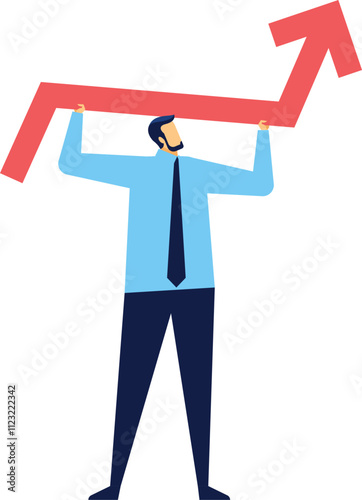 Businessman holding a large red arrow pointing upwards, representing positive growth, success, and achievement in the realms of business and finance. Symbolizing progress and ambition