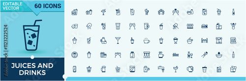 Juices and Drinks line icon collections. Containing cold, alcoholic, restaurant, fresh, bottle, carbonated, water, champagne. Outline icons pack. Vector illustration in modern line style.