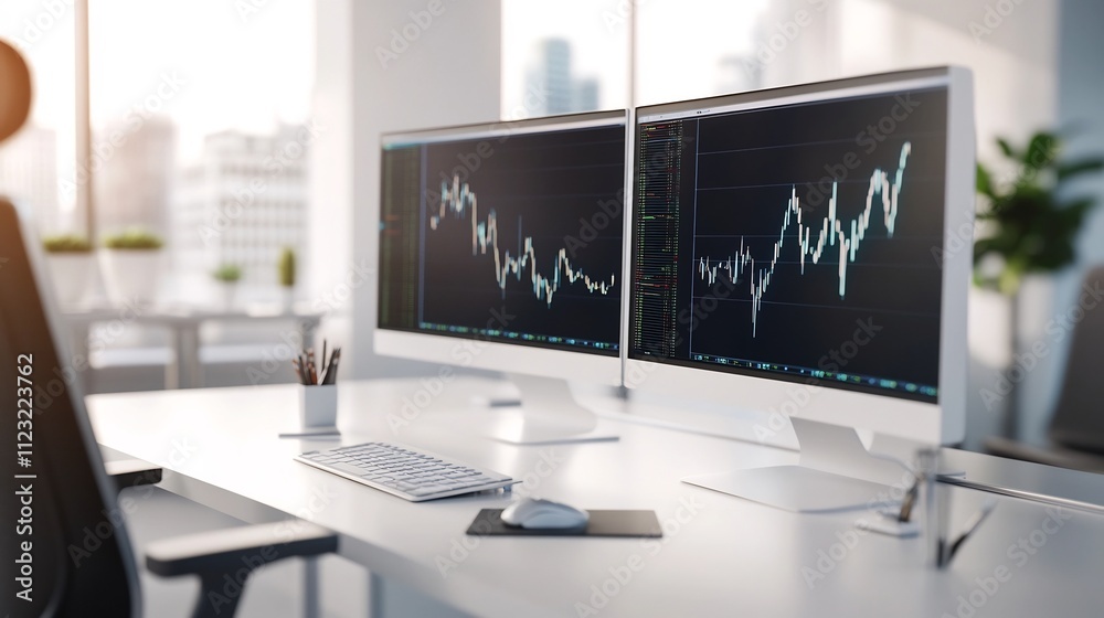 Naklejka premium Corporate Financial Planning with Digital Charts on Office Monitors,3D