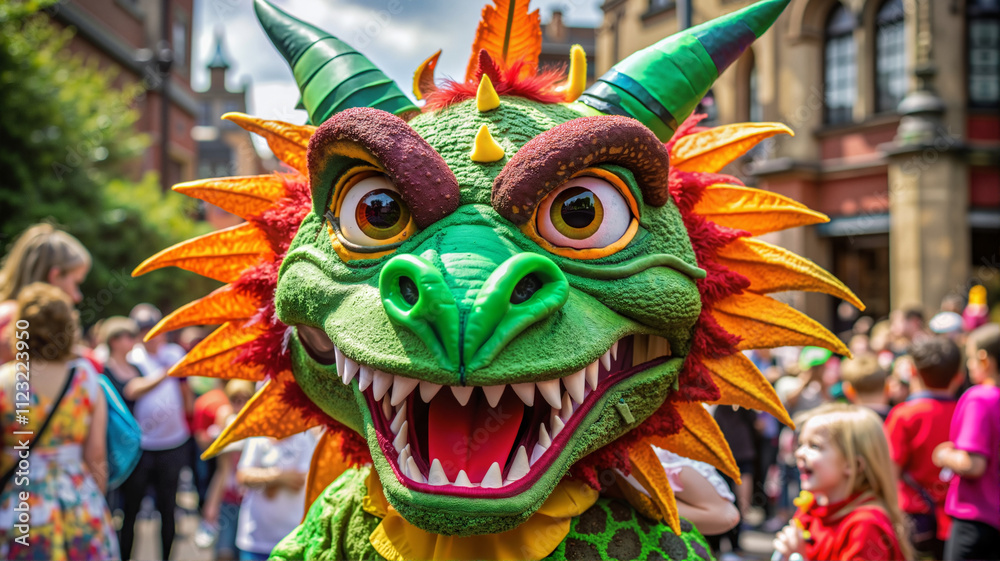 Fototapeta premium Green dragon mask worn by participant in festival