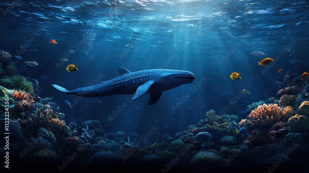 Fototapeta premium Underwater perspectives whales and fish in coral reef ecosystems