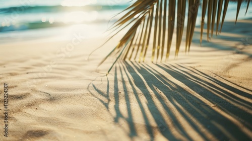 Selective focus of summer and holiday backgrounds concepts with shadow of coconut leaf on clean sand beach