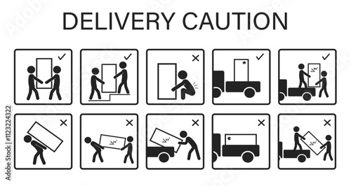 Bundle icon sign set delivery caution, safety lift instruction, handle with care for big box goods 