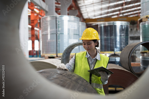 Asian woman worker inspecting quality rolls of galvanized or metal sheet. Woman worker working in warehouse of rolls stainless steel