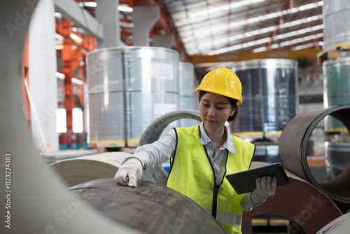 Asian woman worker inspecting quality rolls of galvanized or metal sheet. Woman worker working in warehouse of rolls stainless steel