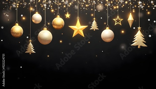 Festive hanging ornaments with golden and white stars, trees, and shimmering decorations.
