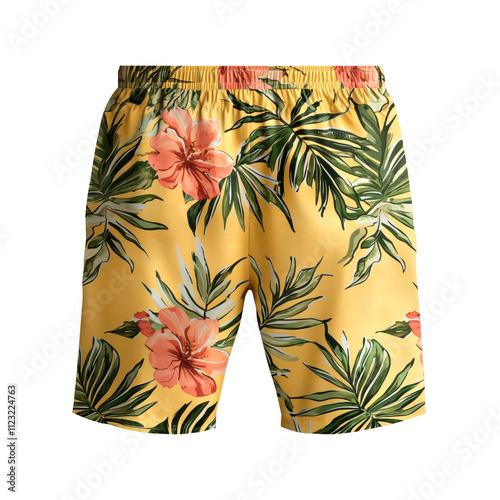 Yellow tropical floral swim shorts with hibiscus and palm leaf pattern, summer beachwear for men.