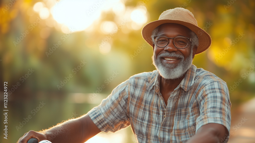 Obraz premium A cheerful, dark-skinned elderly man wearing a straw hat and plaid shirt smiles as he enjoys a relaxing moment outdoors on a quiet riverside as the sun sets.