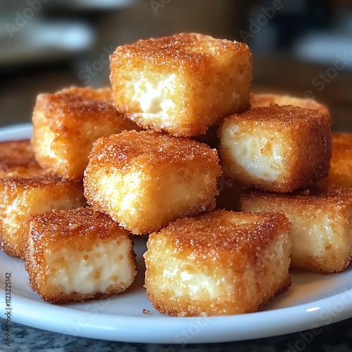 Crispy fried cheese cubes stacked on white plate, golden brown and delicious. Perfect for snacking or as appetizer, these treats are sure to please any crowd photo