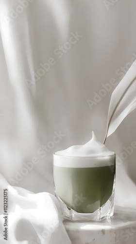 A creamy matcha latte is presented in a glass cup, adorned with frothy white foam. Set on a marble surface, it offers a refreshing and sober beverage option for all photo