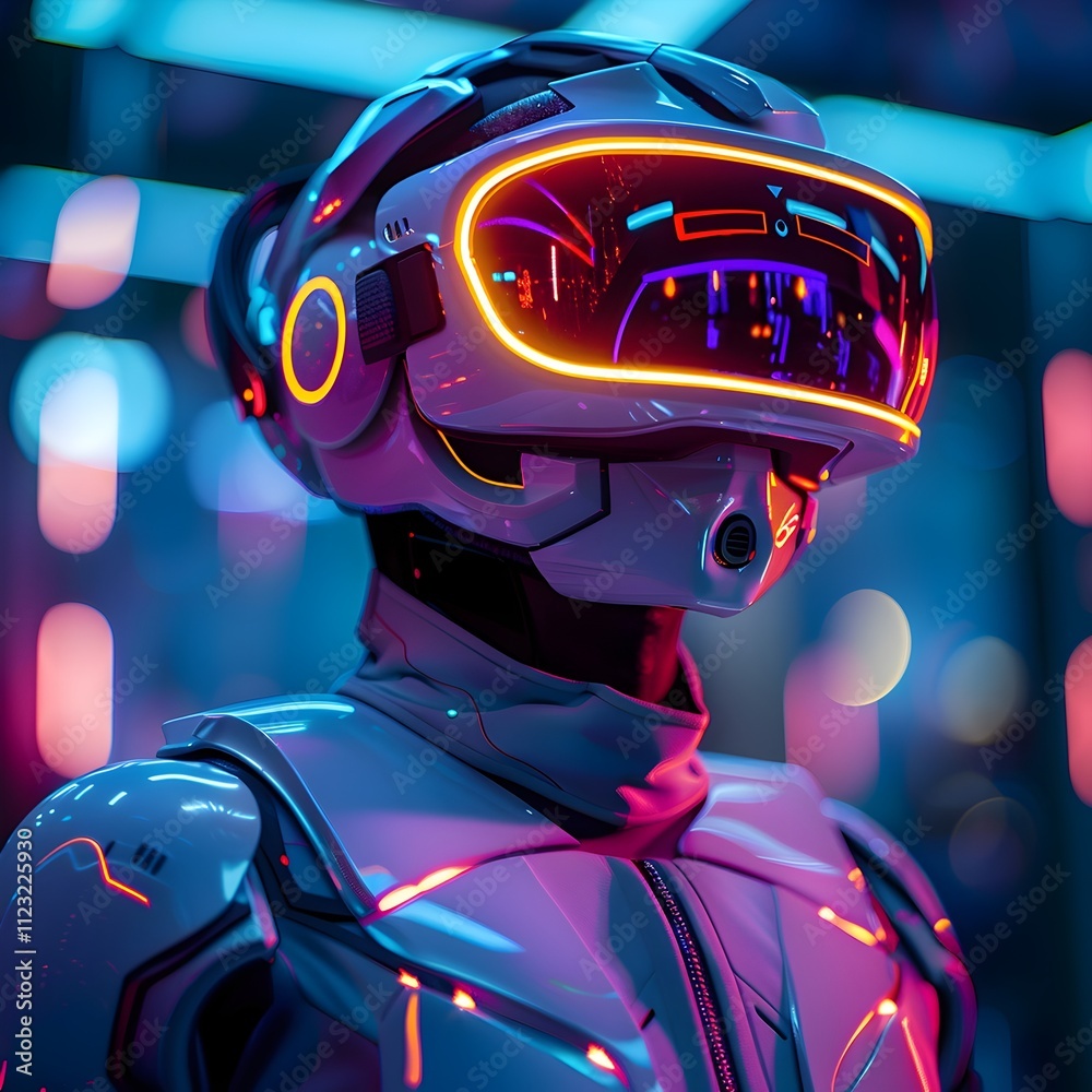Fototapeta premium A robot with a white helmet and a glowing red and yellow visor