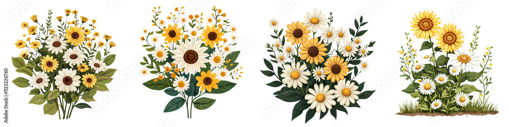 Naklejka premium Vibrant and cheerful bouquet of sunflowers and daisies blooming in a lush natural meadow setting The colorful floral arrangement creates a serene and picturesque countryside scene