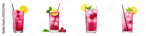 Tall glass of refreshing and vibrant raspberry lemonade drink with fresh lemon slices mint leaves and ice cubes perfect for summer parties picnics and outdoor gatherings photo