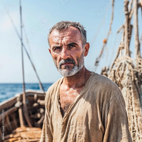 Fisherman on an old boat. Ancient times. Can be used for gospel publications about the apostles photo