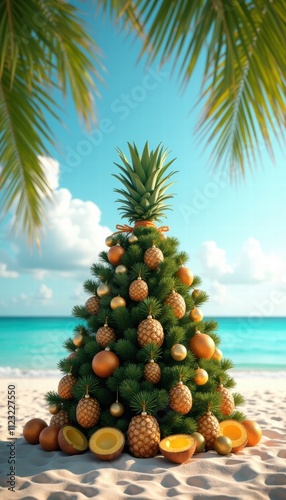 A whimsical tropical Christmas tree adorned with fruits on a sunlit beach, blending festive spirit and summer vibes for vacation and holiday promotions.