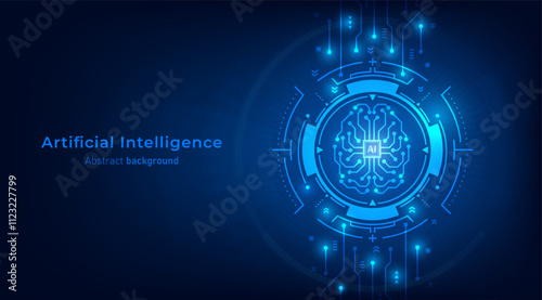 Concept of Artificial intelligence. AI digital brain icon on frames HUD futuristic style on a dark blue background. Futuristic technology background. Vector illustration for banner and web template.