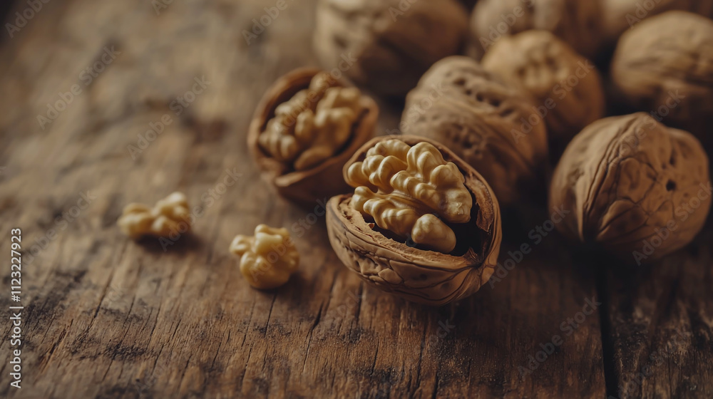 Close-up of shelled and unshelled walnuts on a rustic wooden surface Close-up of shelled and unshelled walnuts on a rustic wooden surface