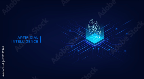 Concept of Artificial intelligence. 3D artificial intelligence chip on circuit board. Isometric technology background. Vector illustration for banner and web template.