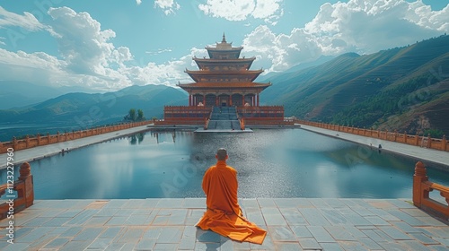 Serene Monk at Bhutanese Temple Peaceful Reflection by Still Water Mountains