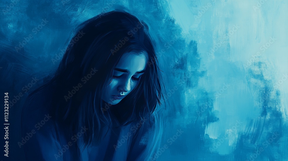 Fototapeta premium A sad young girl crying against a blue background, illustrating grief and emotional loss in a mental health theme. 
