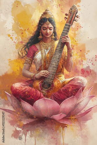 Vasant Panchami Social Media Poster Featuring Goddess Saraswati Motifs and Copyspace for Personalized Messages and Greeting