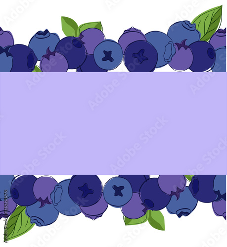 Blueberry with green leaves seamless border frame. Vector hand drawn in graphic outline style, forest berry.  illustration for restaurant, cafe menu,