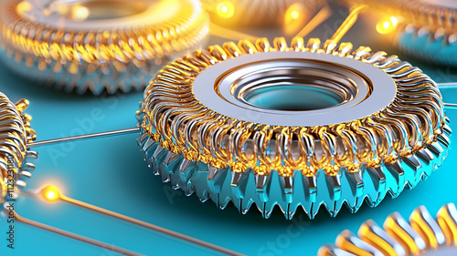 Close up of metallic gears with intricate designs and glowing elements, showcasing technology and engineering. vibrant colors create dynamic visual appeal