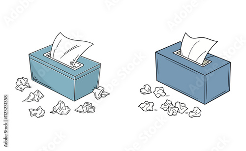 A blue tissue box with tissues coming out and crumpled tissues around it