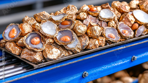 Fresh oysters on conveyor belt, showcasing their natural beauty and unique textures. gleaming shells and pearls create captivating visual display