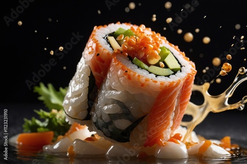 Close up photo of a delicious healthy exotic traditional seafood creamy japanese sushi roll splashing sauce food, gastronomy theme concept.
 photo