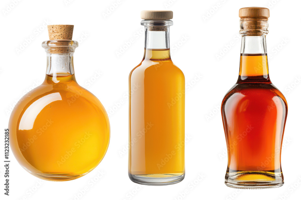 Three glass bottles of amber liquid isolated on transparent background Three glass bottles of amber liquid isolated on transparent background