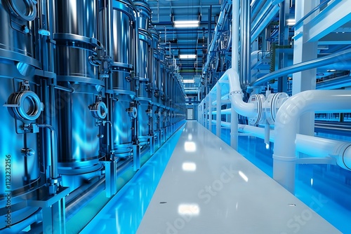 A clean, modern industrial facility showcases gleaming stainless steel equipment, complex piping systems, and advanced process technology. Blue lighting illuminates the hightech machinery in a pristin photo