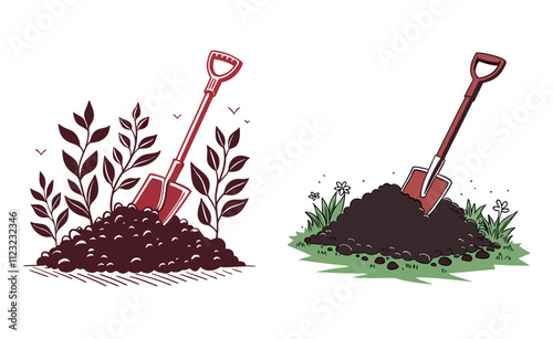 Dirt pile with a shovel. Brown geometric soil heap in cartoon style. Vector illustration isolated on a white background. Ground clipart for construction, agricultural, gardening designs.