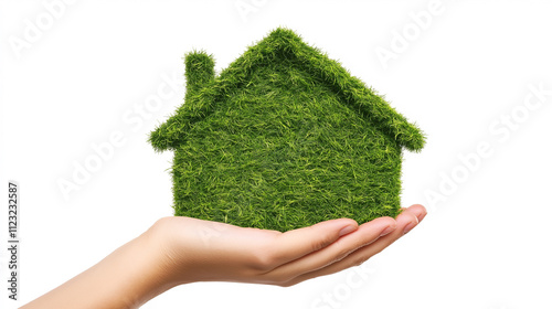 Eco-Friendly  A miniature house covered in lush greenery resting on a pair of hands, symbolizing sustainable living, environmental care, and eco-friendly housing. Set against a vibraGreen Home Concept photo