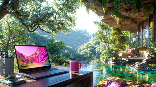 serene remote workspace featuring laptop, coffee mug, and lush greenery. tranquil setting by water creates perfect atmosphere for productivity and relaxation