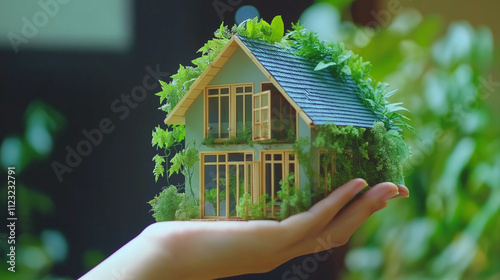 Eco-Friendly  A miniature house covered in lush greenery resting on a pair of hands, symbolizing sustainable living, environmental care, and eco-friendly housing. Set against a vibraGreen Home Concept photo